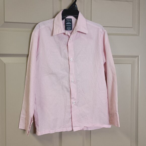 Izod Boys Button Front Shirt Size 7 Pink White Plaid Long Sleeve - Picture 1 of 4